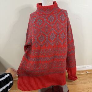 Mantovani Studio Fair Isle Sweater Red Gray XL Alpaca Blend Mock Neck Nordic Ski